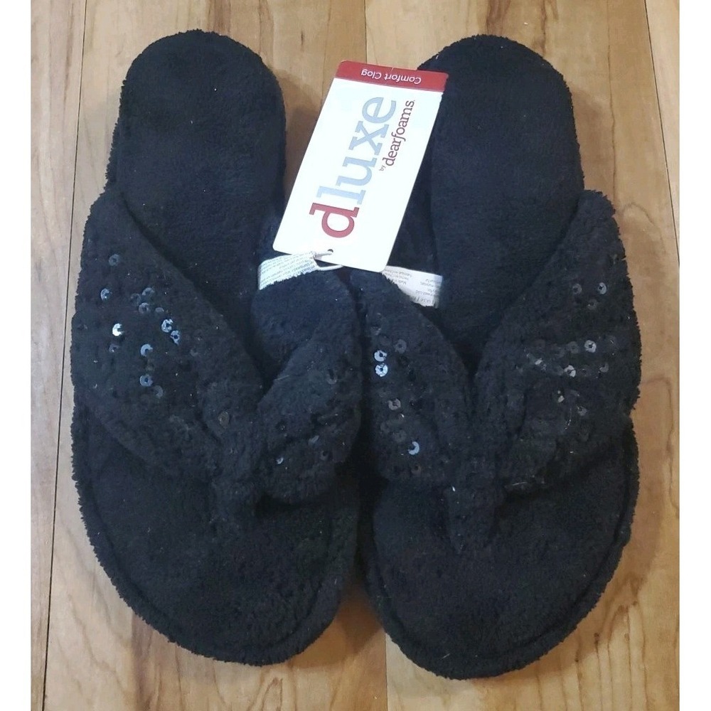 dluxe by dearfoams Slippers Black‎ Sequins Womens Size Medium 7-8